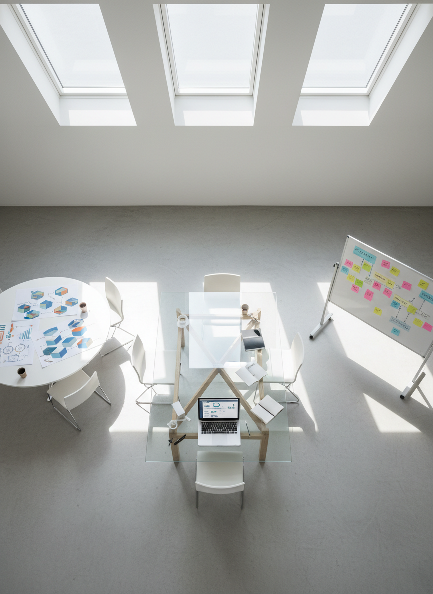 An aerial, photographic view of a spacious, minimalist HR strategy room featuring multiple islands of activity: one glass-topped table with a laptop displaying an unreadable dashboard, another with printed organizational charts made of colored shapes, and a third with sticky-note clusters forming abstract mind maps. No people are present; instead, the objects and layouts imply collaborative work. Natural daylight streams through skylights, creating bright zones and softer diffused areas, adding depth and contrast. The mood is focused and analytical yet optimistic, with cool neutral tones accented by a few bold color elements. Composition follows the rule of thirds, highlighting the central table as the visual anchor for organizational evolution and strategic planning.