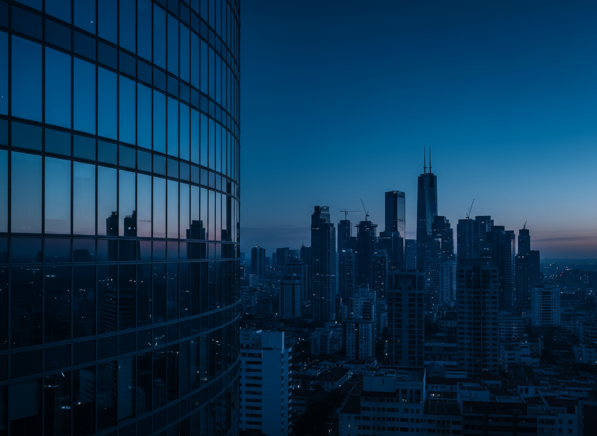 Professional corporate hero background for a human resources consultancy. Deep navy blue and royal blue tones, elegant modern office building with glass facade reflecting blue light, city skyline at dusk in shades of deep navy #0d1f3c and medium blue #1a5276, sophisticated and minimalist composition, cinematic wide-angle lighting, no text, no people, high quality photorealistic style, wide landscape format